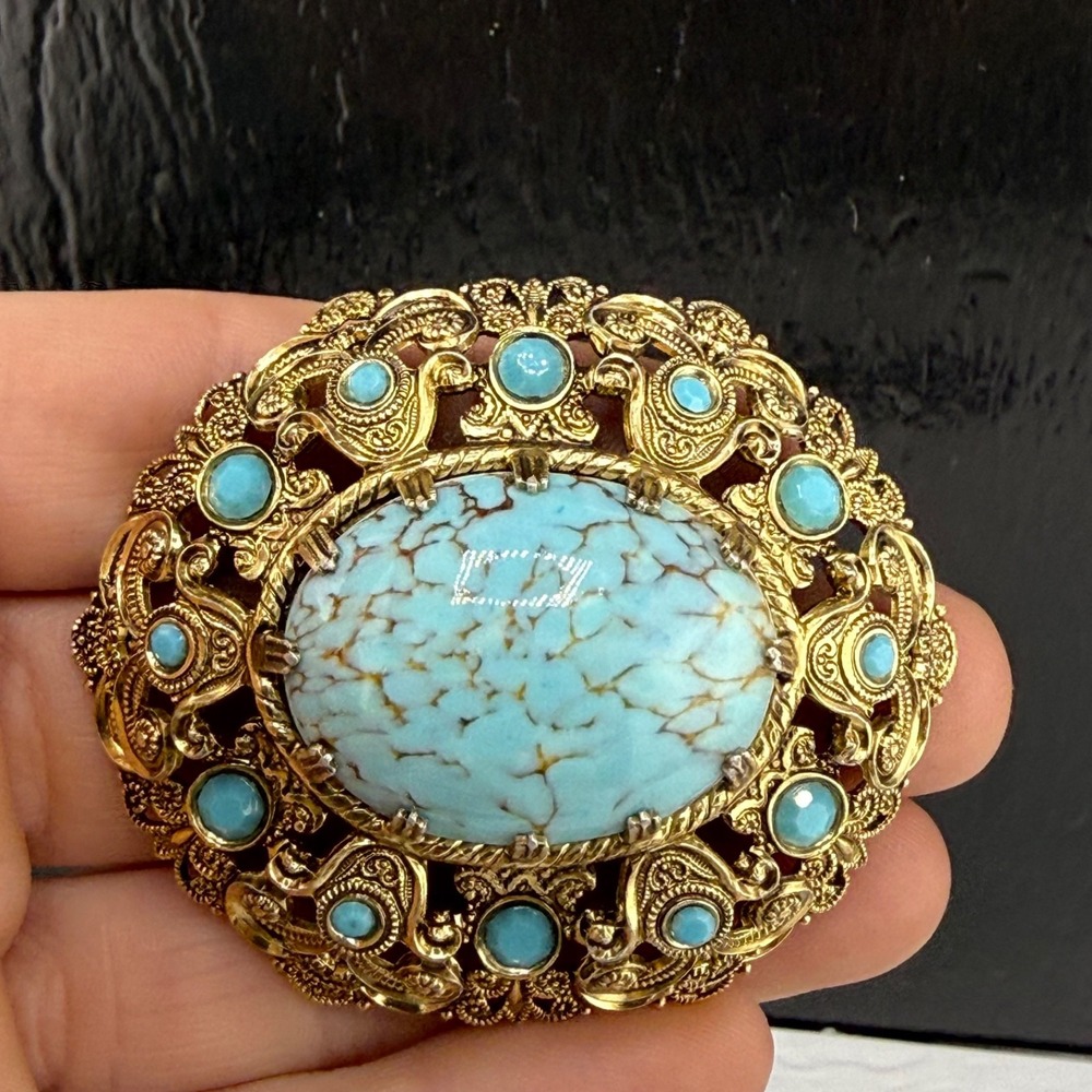 Vintage Estate Brooch Blue Gold Mottled Filigree Oval Faux Turquoise Large